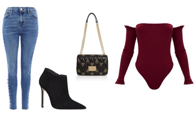 Women's Bardot Bodysuit and Jeans Night Out Outfit