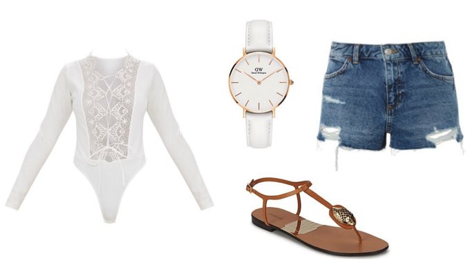Women's White Bodysuit and Denim Shorts Outfit