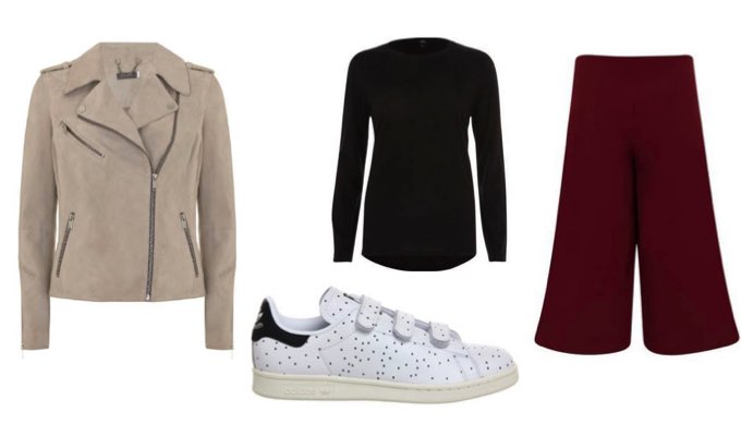 Women's Red Culottes and Biker Jacket Outfit