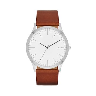 Men's Designer Watch with Silver Face and Brown Leather Watch Strap