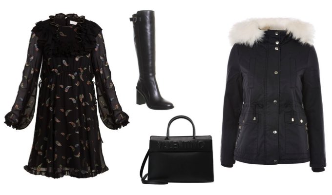 Women's Layered Chiffon Dress and Parka Outfit