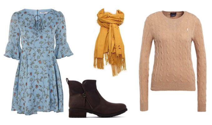 Women's Floral Dress and Cable Knit Jumper Outfit for Winter