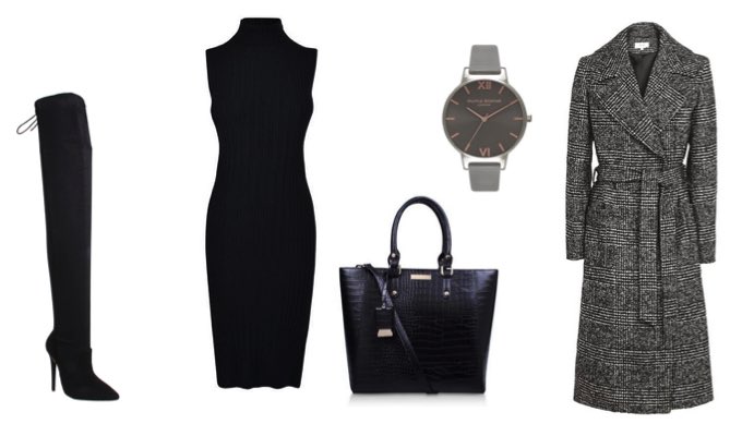 Women's Black Midi Dress and Knee High Boots Outfit