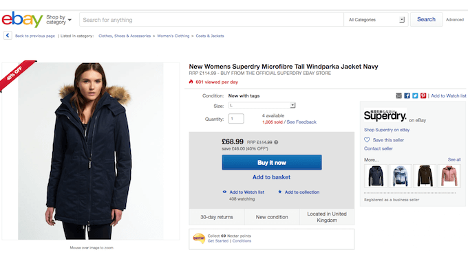 Superdry Women's Jacket Price Example on eBay Store Site