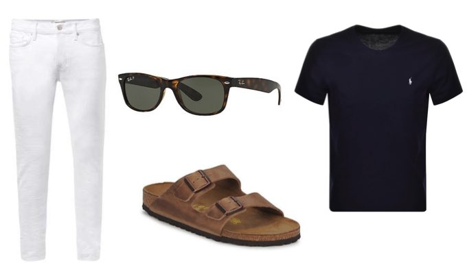 Men's White Jeans With Birkenstocks and Navy T-Shirt Outfit