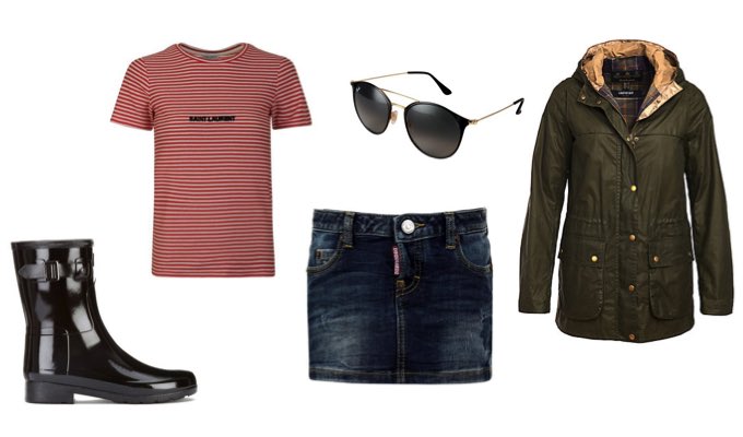 Denim skirt festival outfit with wellies and parka jacket