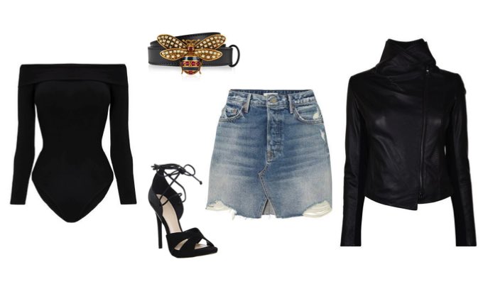 denim skirt night out outfit