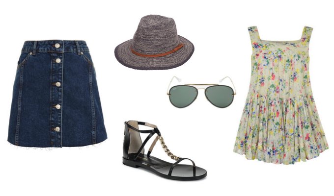 Denim skirt summer outfit with floral top and sandals