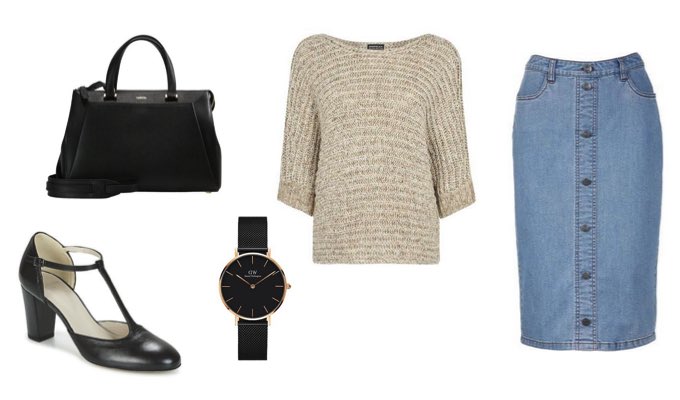 Denim skirt work outfit with knitwear, court shoes and accessories