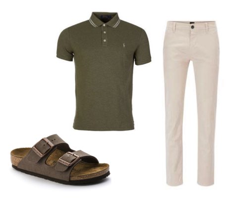 Men's beige chinos, brown Birkenstocks and green polo shirt outfit