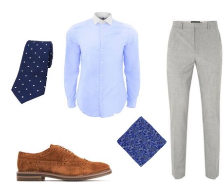 Men's grey summer suit, blue shirt, blue tie and tan suede brogues outfit