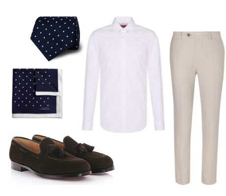 Men's cream summer suit, white shirt and dark brown loafers outfit