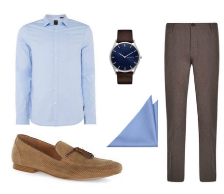Men's brown summer suit, light blue shirt, blue pocket square and tan loafers outfit