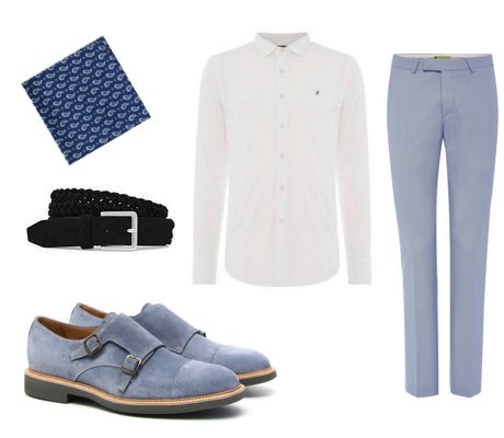 Men's light blue summer suit, white shirt and blue monk strap shoes outfit