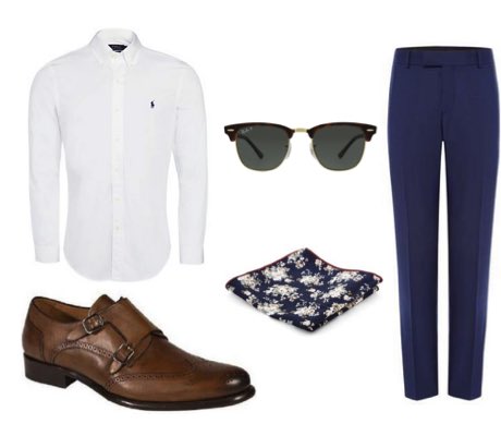 Men's navy blue suit, white shirt and brown monk strap shoes summer wedding outfit