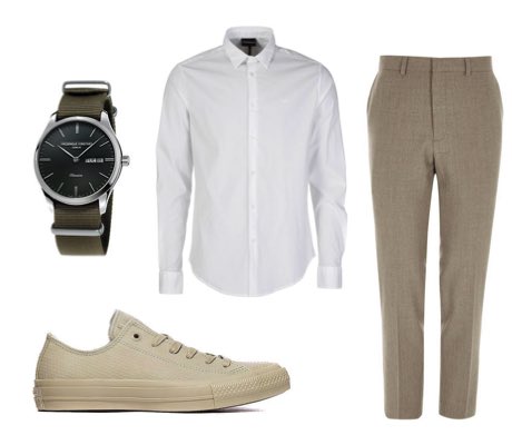 Men's light brown summer suit, white shirt and beige plimsolls casual outfit