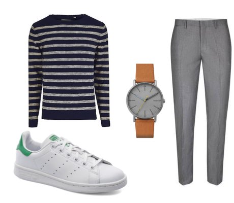 Men's light grey summer suit, Adidas Stan Smith trainers and striped jumper outfit