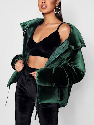 Boohoo Green Velvet Puffer Jacket