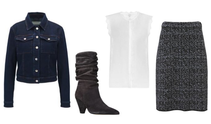 Women's Blue Denim Jacket, White Blouse, Grey Midi Skirt, Boots Work Outfit