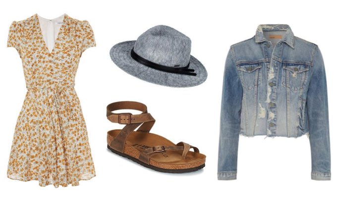Women's Light Blue Denim Jacket, Summer Dress and Birkenstock Sandals Holiday Outfit