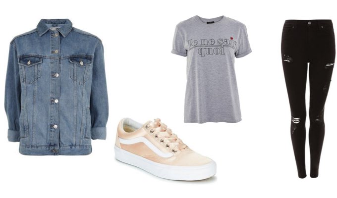 Women's Blue Denim Jacket, Black Jeans and Vans Trainers Double Denim Outfit