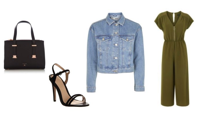 Women's Denim Jacket, Jumpsuit and High Heels Date Night Outfit