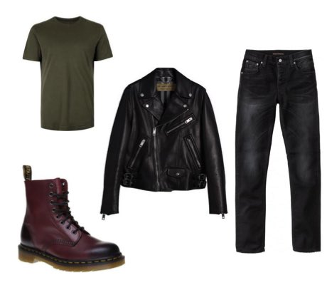 Men's Red Dr Martens Boots, Black Jeans and Black Leather Biker Jacket Outfit