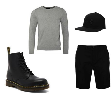 Men's Black Dr Martens Boots, Black Shorts and Grey Sweater Outfit