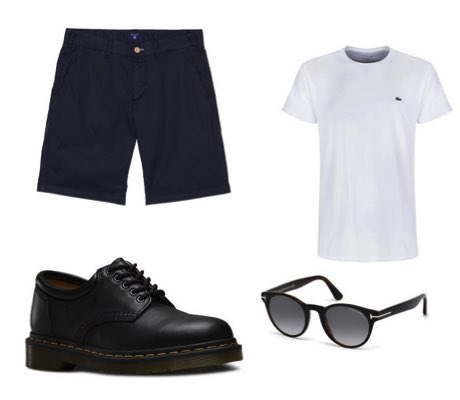 Men's Black Dr Martens Shoes, Blue Chino Shorts and White T-Shirt Outfit