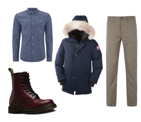Men's Red Dr Martens Boots, Beige Chinos, Chambray Shirt and Blue Parka Outfit