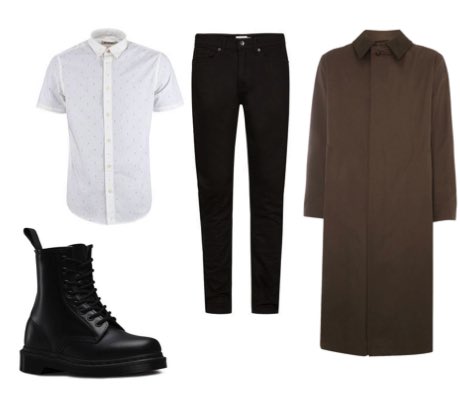 Men's Black Dr Martens Boots, Black Skinny Jeans and Brown Mac Street Style Outfit