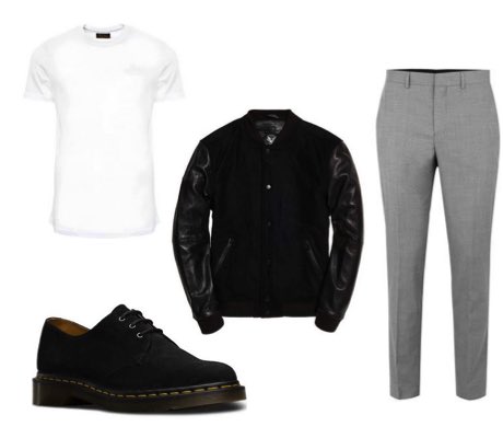 Men's Black Dr Martens Shoes, Grey Cropped Trousers and Black Varsity Jacket Street Style Outfit