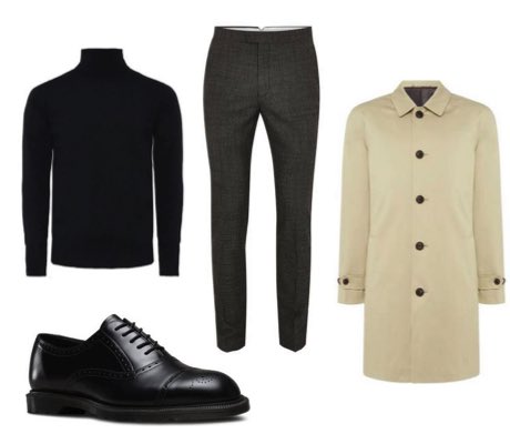Men's Black Dr Martens Shoes, Grey Cropped Suit Trousers, Black Turtleneck Jumper and Beige Mac Outfit