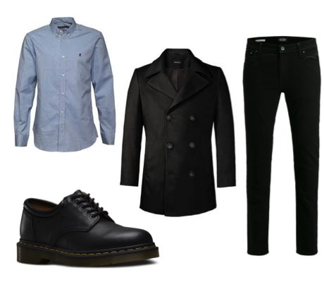 Men's Black Dr Martens Shoes, Black Chinos, Blue Shirt and Black Pea Coat Outfit
