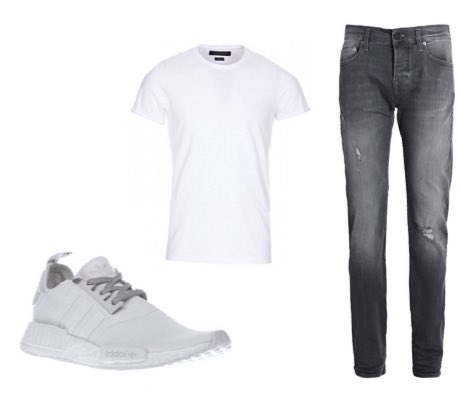 Men's Adidas NMD Trainers, Grey Jeans and White T-Shirt Street Style Outfit