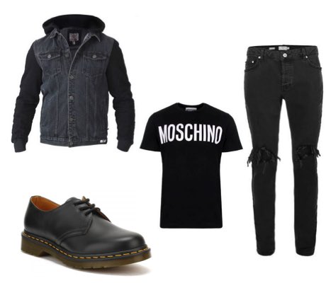 Men's Dr Martens Shoes, Black Ripped Jeans, Black Slogan T-Shirt and Black Denim Jacket Street Style Outfit