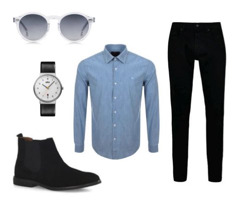 blue denim shirt and black jeans