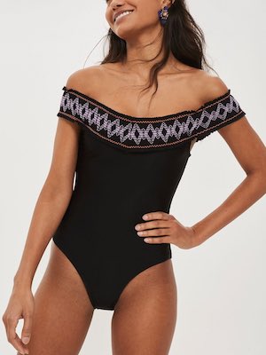 Topshop Shirred Bardot Swimsuit