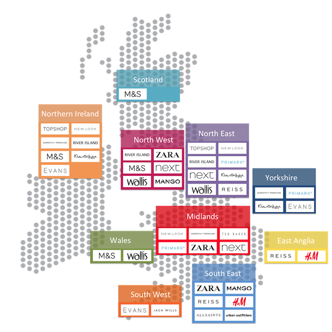 Map Showing Popularity of High Street Fashion Brands Across the UK