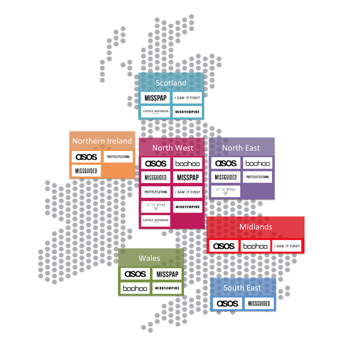 Map Showing Popularity of Online Fashion Brands Across the UK