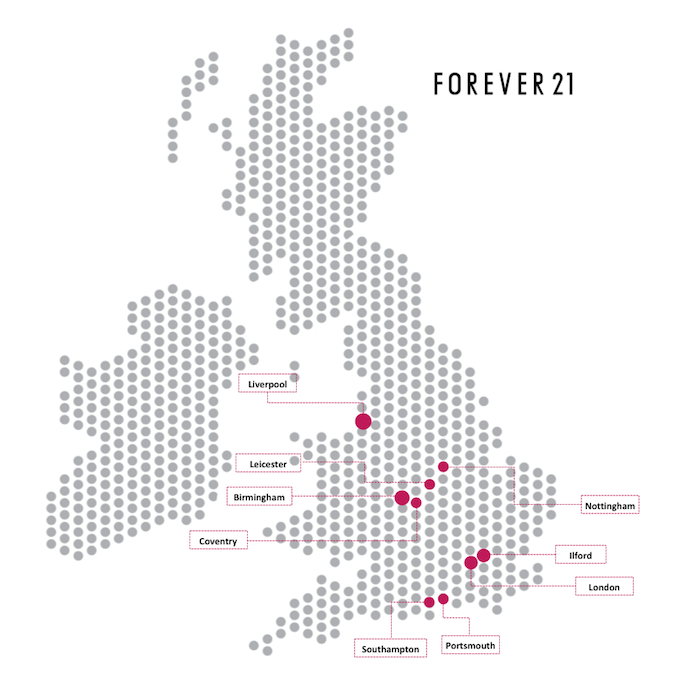 Map Showing Popularity of Forever 21 Across The UK