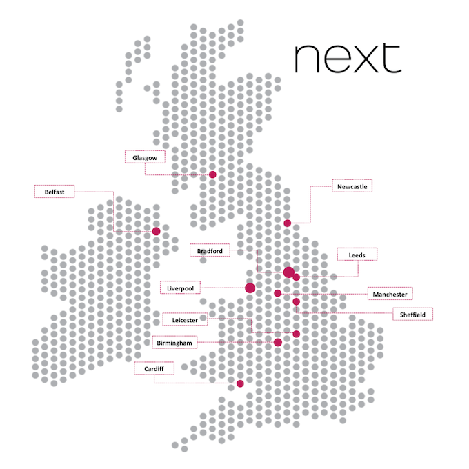 Map Showing Popularity of Next Across The UK