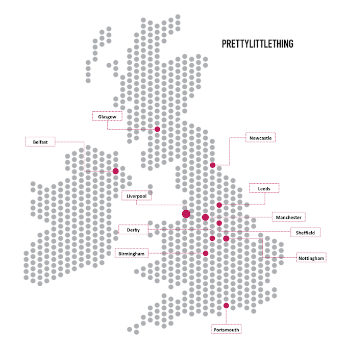 Map Showing Popularity of Pretty Little Thing Across The UK