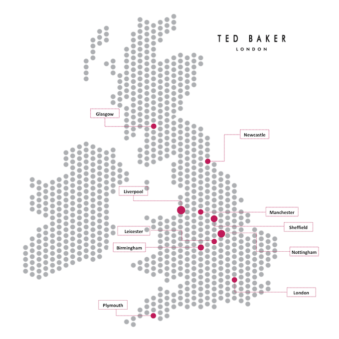 Map Showing Popularity of Ted Baker Across The UK