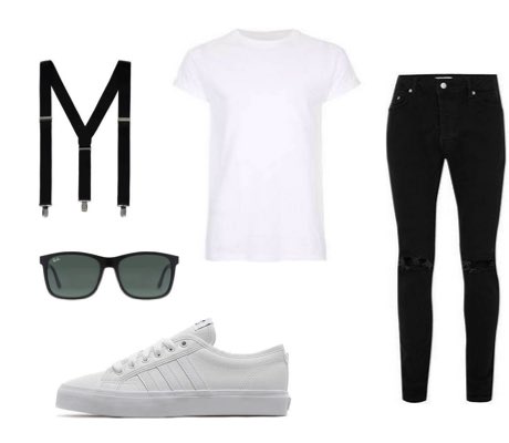 Men's Black Braces with Black Skinny Jeans, White T-Shirt and White Trainers Outfit