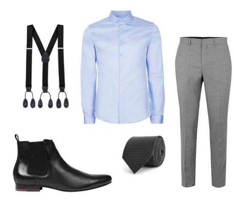 Men's Dark Grey Braces with Grey Suit, Blue Shirt and Black Chelsea Boots Outfit