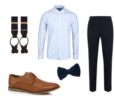 Men's Braces with Navy Suit, Light Blue Shirt, Navy Bowtie and Brown Shoes Wedding Guest Outfit