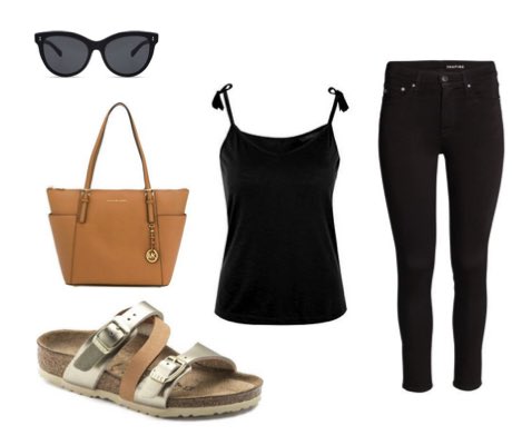 Women's Metallic Gold Sandals with Black Jeans and Black Cami Outfit