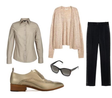 Women's Metallic Gold Flats with Black Trousers and Beige Shirt Outfit