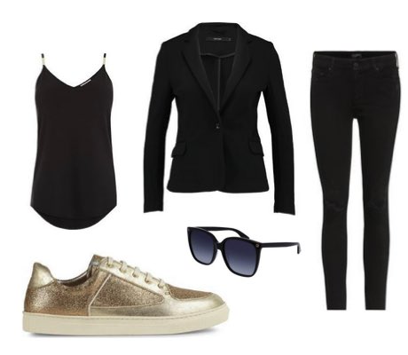 Women's Metallic Gold Trainers with Black Jeans and Black Blazer Outfit